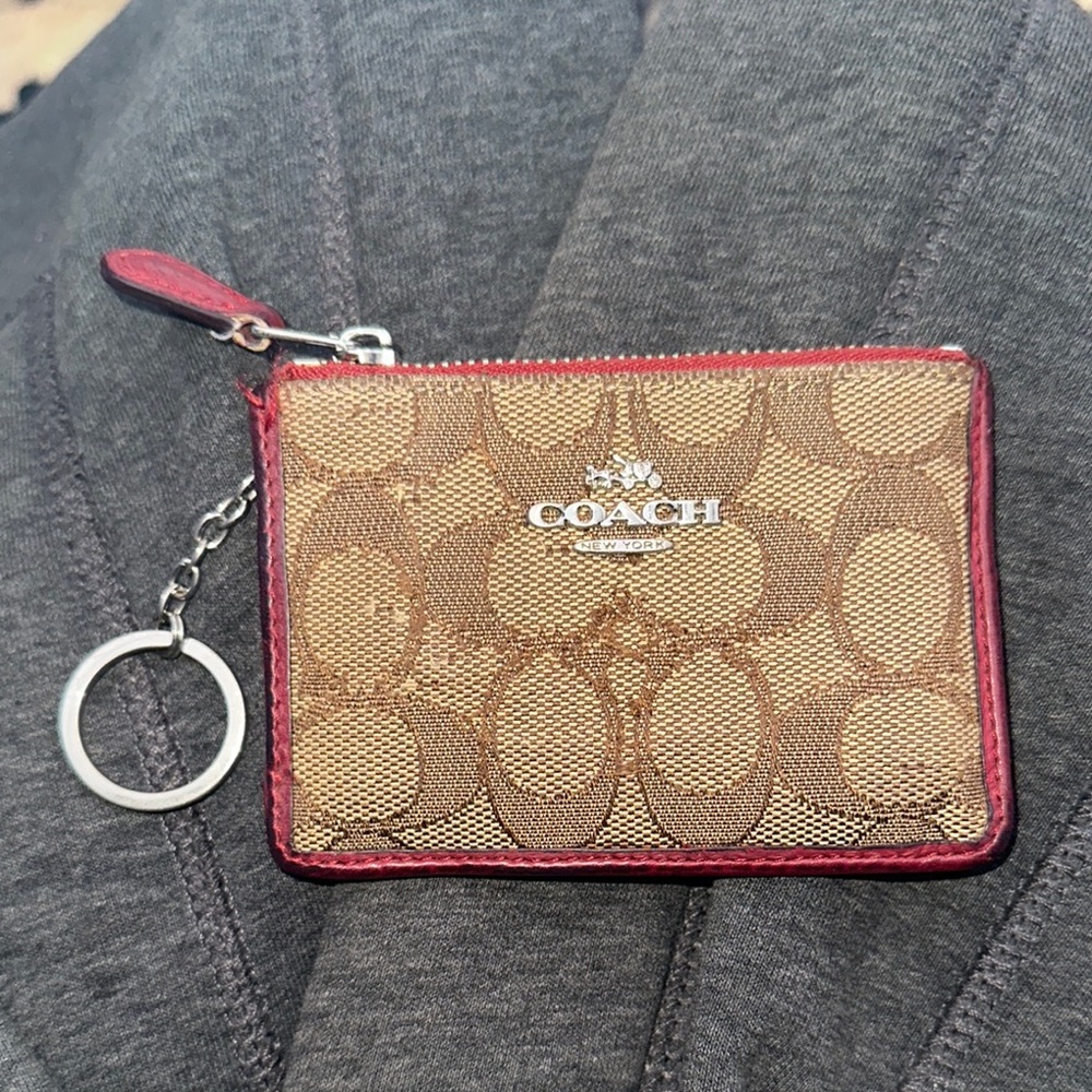 Coach Tan and brown signature canvas with Red card & coin Pouch damaged